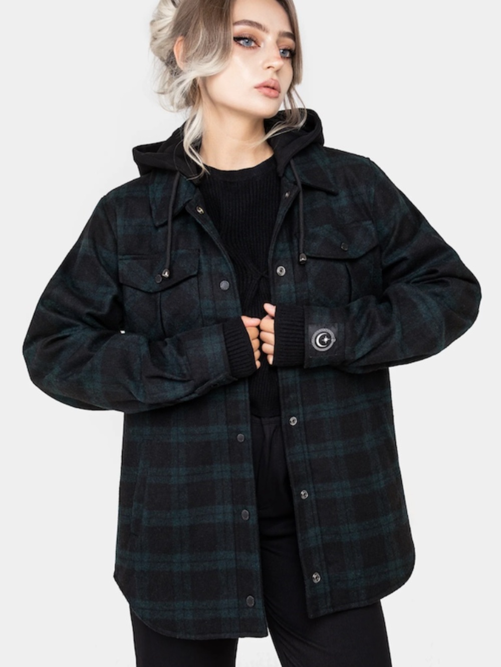 Trellis Hooded Pocket Wool Blend Check Shacket - size 16 - Picture 3 of 3